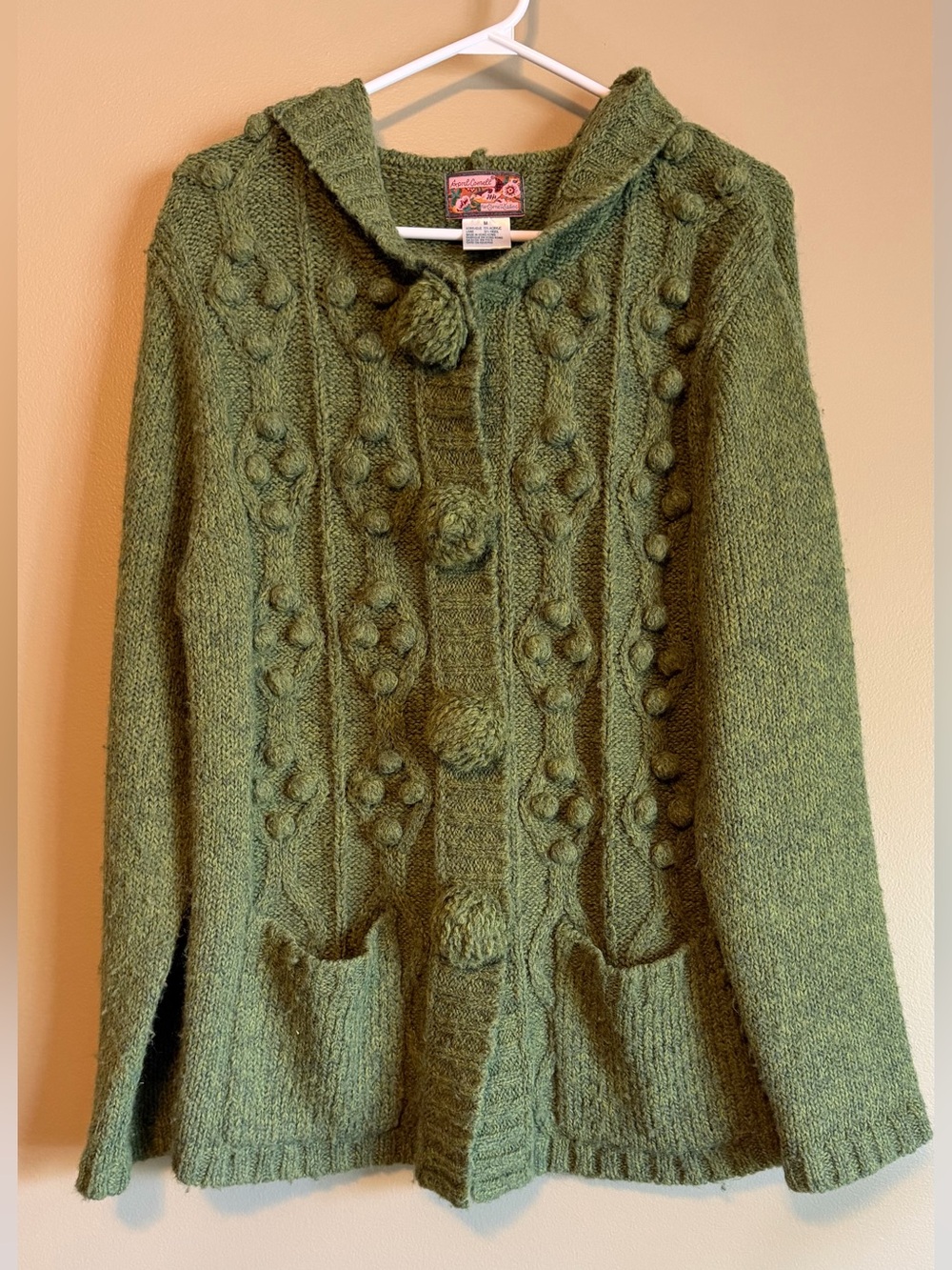 April Cornell Green Knit Hooded Cardigan with Pom-Pom Buttons